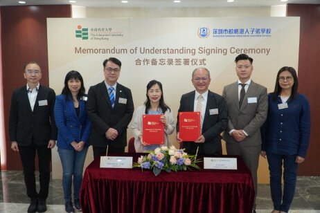 EdUHK SPFEO Professional consultant Mr Langton Cheung, Associate Director Ms Mandy Au, and Director Dr Kevin Kam; Vice President (Academic) Prof May Cheng; Kingfan Principal Mr Yau Chi-leung, Deputy Supervisor Mr Leon Li, and Vice President Ms Wat Pui-yi