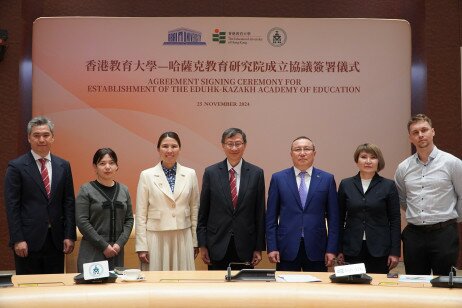 The delegation meets with two EdUHK colleagues from Kazakhstan who finished their PhDs at EdUHK.  They are Dr Artem Zadorozhnyy (first from right) and Dr Kuralay Bozymbekova (second from left)