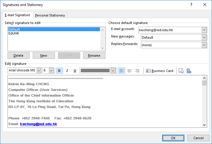 Illustration of the mail signature setup windows