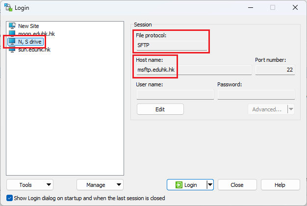 WinSCP  (SFTP) login screen