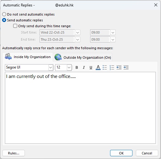 Automatic Replies window Automatic Replies window
