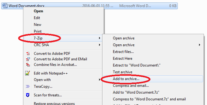 7zip archive word document not saving changes