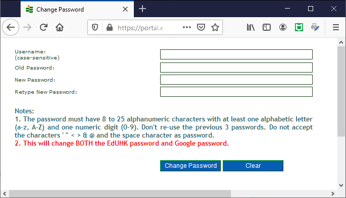 Enter your user name and old password. Then enter your new password twice and click the change password button