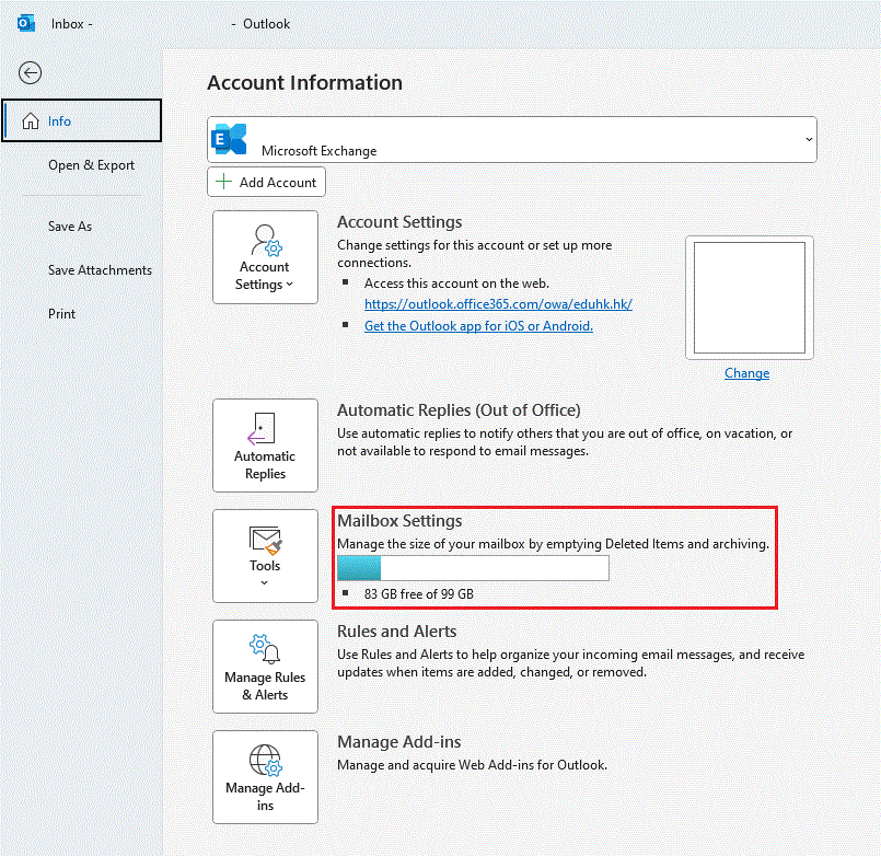 The image illustrate the window of email quota