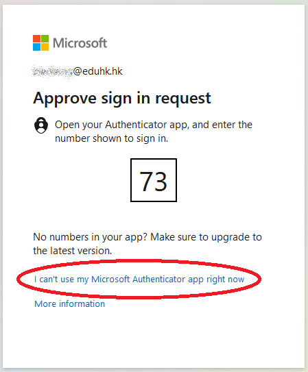 Illustration on the option on I can't use my Microsoft Authentication app right now