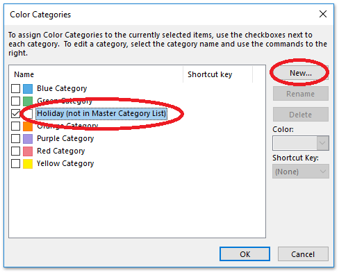 The image illustrate how to change color for items in Holiday Category in Outlook