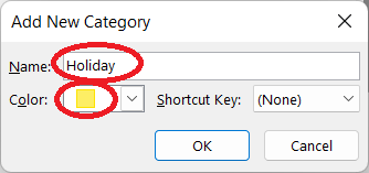 The image illustrate how to change color for items in Holiday Category in Outlook