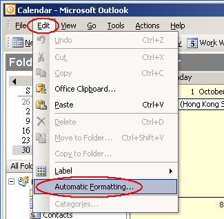 The image illustrate how to change color for items in Holiday Category in Outlook 2003