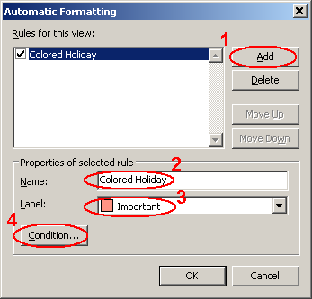 The image illustrate how to change color for items in Holiday Category in Outlook 2003