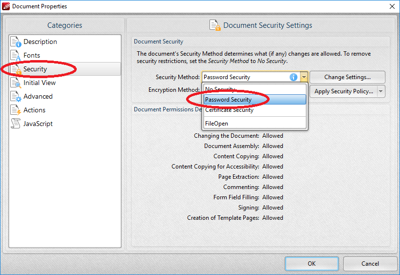 The image illustrate how to choose Password Security from Security Method in PDF-XChange