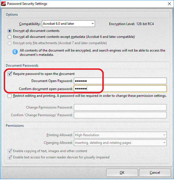 The image illustrate how to set Password Security in PDF-XChange