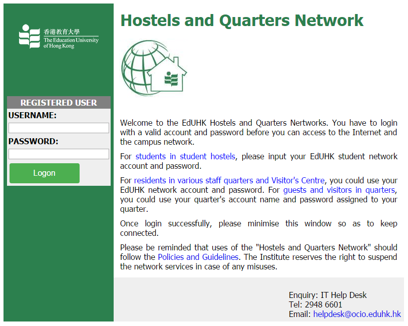 Hostels and Quarters Network login page