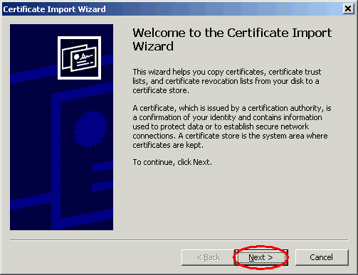 Certificate Import Wizard windows