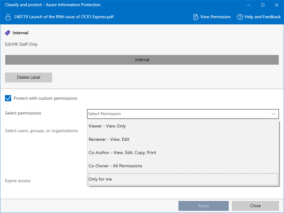 Microsoft Azure Information Protection - Custom Permission