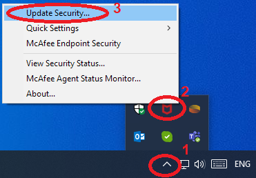 The image illustrate where is McAfee icon and Update Security option