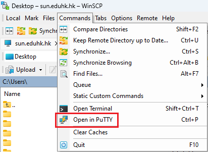 PuTTY via WinSCP's menu